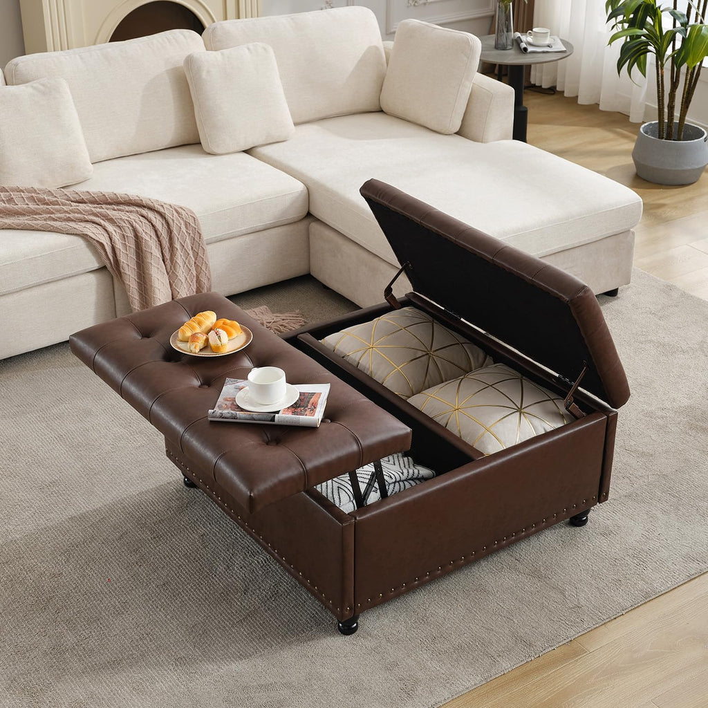 Tbfit Large Square Storage Ottoman Bench, Tufted Upholstered Coffee Table Ottoman with Lift Top & Solid Wood Legs, Oversized Storage Ottomans Toy Box for Living Room (Dark Brown)