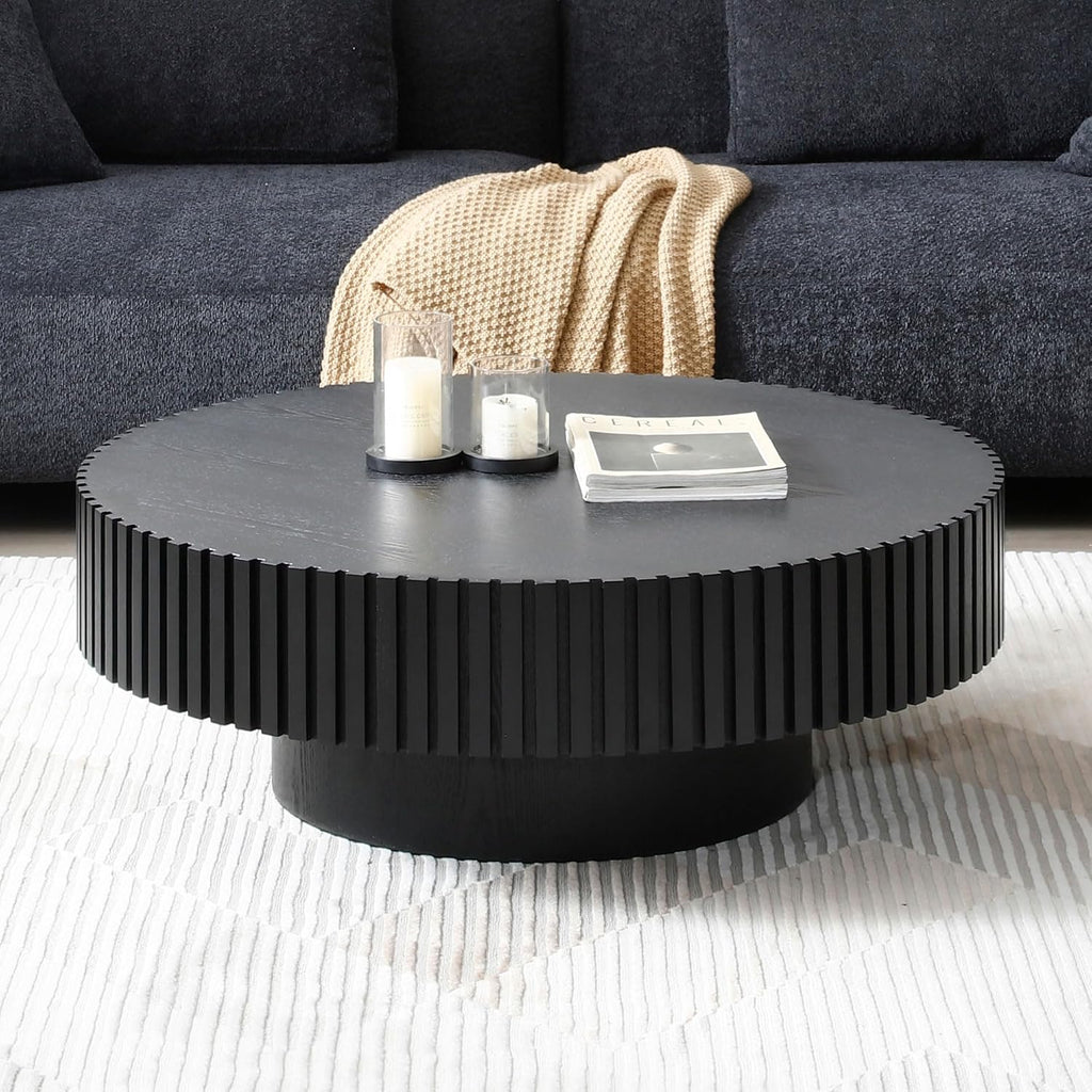 39' Round Black Coffee Table for Living Room, Mid Century Modern Coffee Table with Sturdy Pedestal, Circle Center Table Accent Tea Table for Apartment