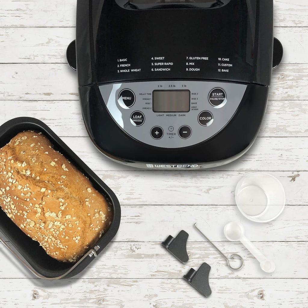 West Bend Hi-Rise Bread Maker Machine Programmable 12 Programs Including Gluten Free & 3 Loaf Sizes and Crust Colors with Traditionally-Shaped Horizontal Bread Pan with Dual Knead Blades, 3-Lb, Gray