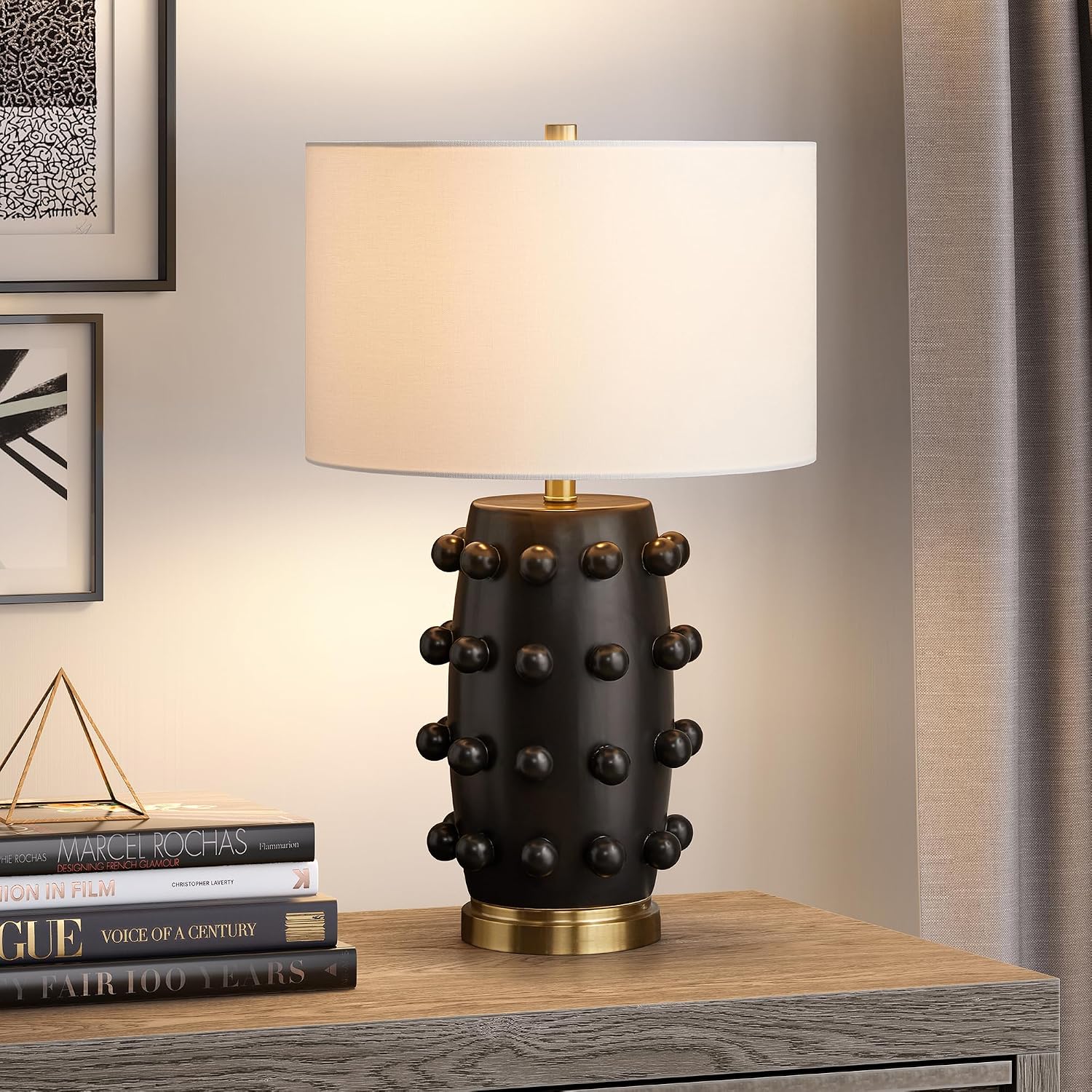 Henn&Hart 25.5'' Modern 1-Light Ceramic Table Lamp with Spherical Orbs on Lamp Body with White Fabric Drum Shade for Living Room, Bedroom, or Office, Matte Black