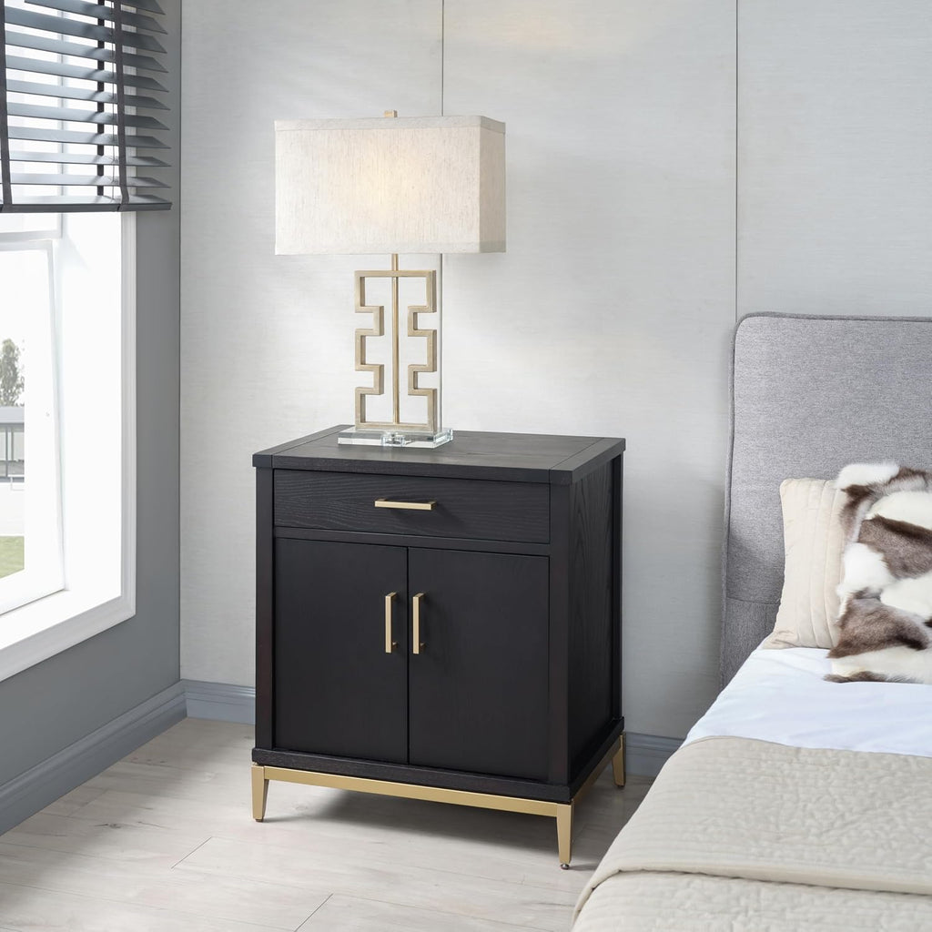Leick Home Julien Nightstand Side Table One Drawer and Lower Cabinet Modern – Fast Charging Station – Durable Solid Wood – Living Room, Bedroom, Office, Black with Gold Trim, 9079–BLKGD