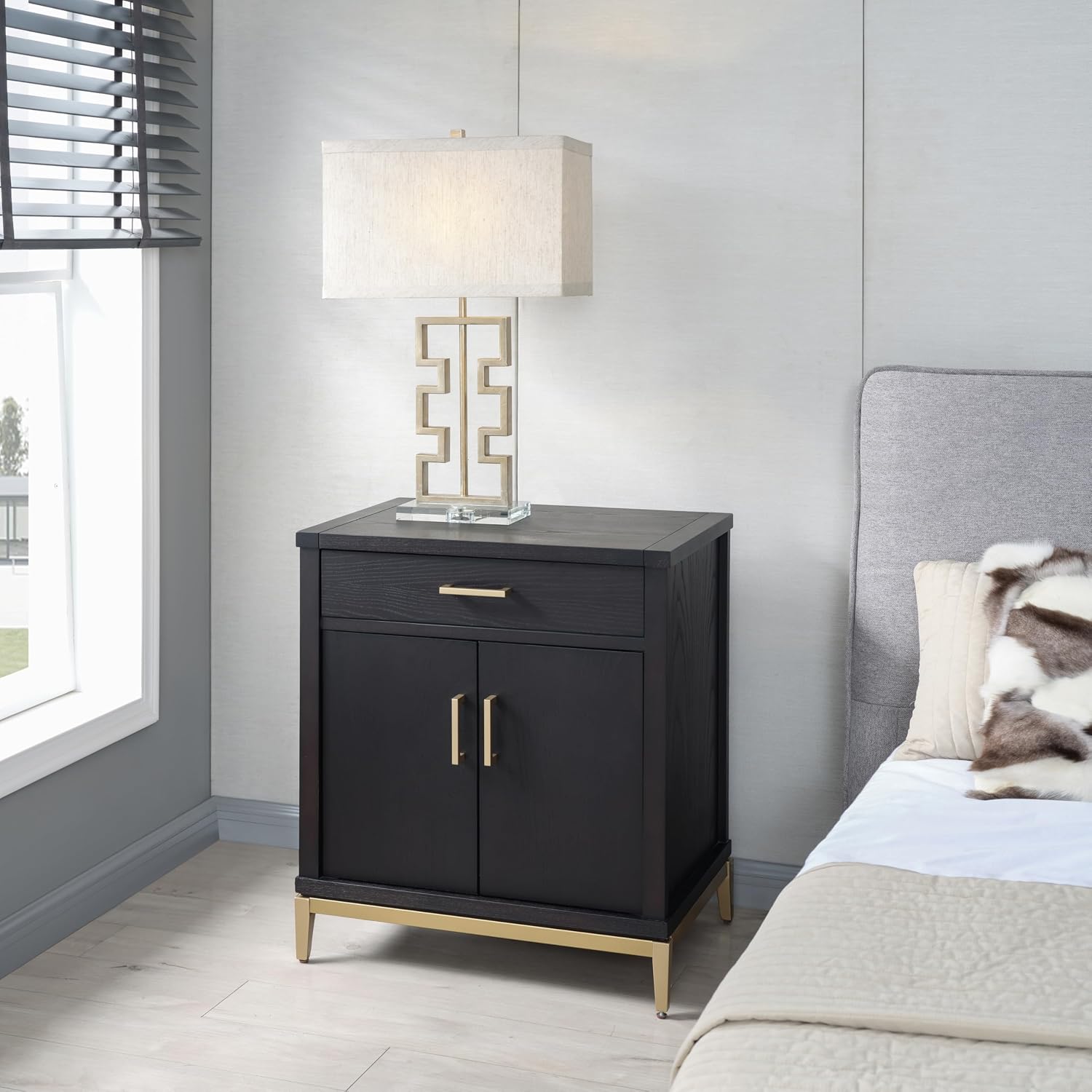 Leick Home Julien Nightstand Side Table One Drawer and Lower Cabinet Modern – Fast Charging Station – Durable Solid Wood – Living Room, Bedroom, Office, Black with Gold Trim, 9079–BLKGD