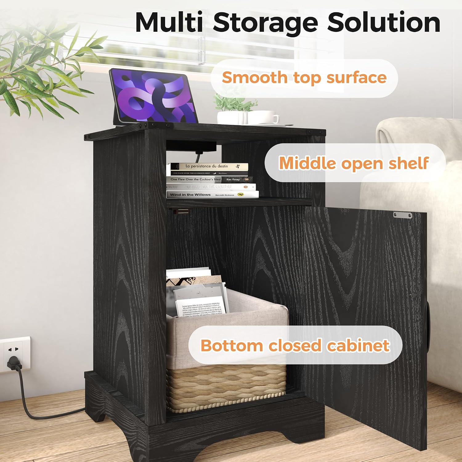 RoyalCraft Farmhouse Nightstand Set of 2, End Table with Charging Station, Tall Bedside Table with Large Storage and Shelf, Wooden Side Table with for Bedroom, Home Office, Black