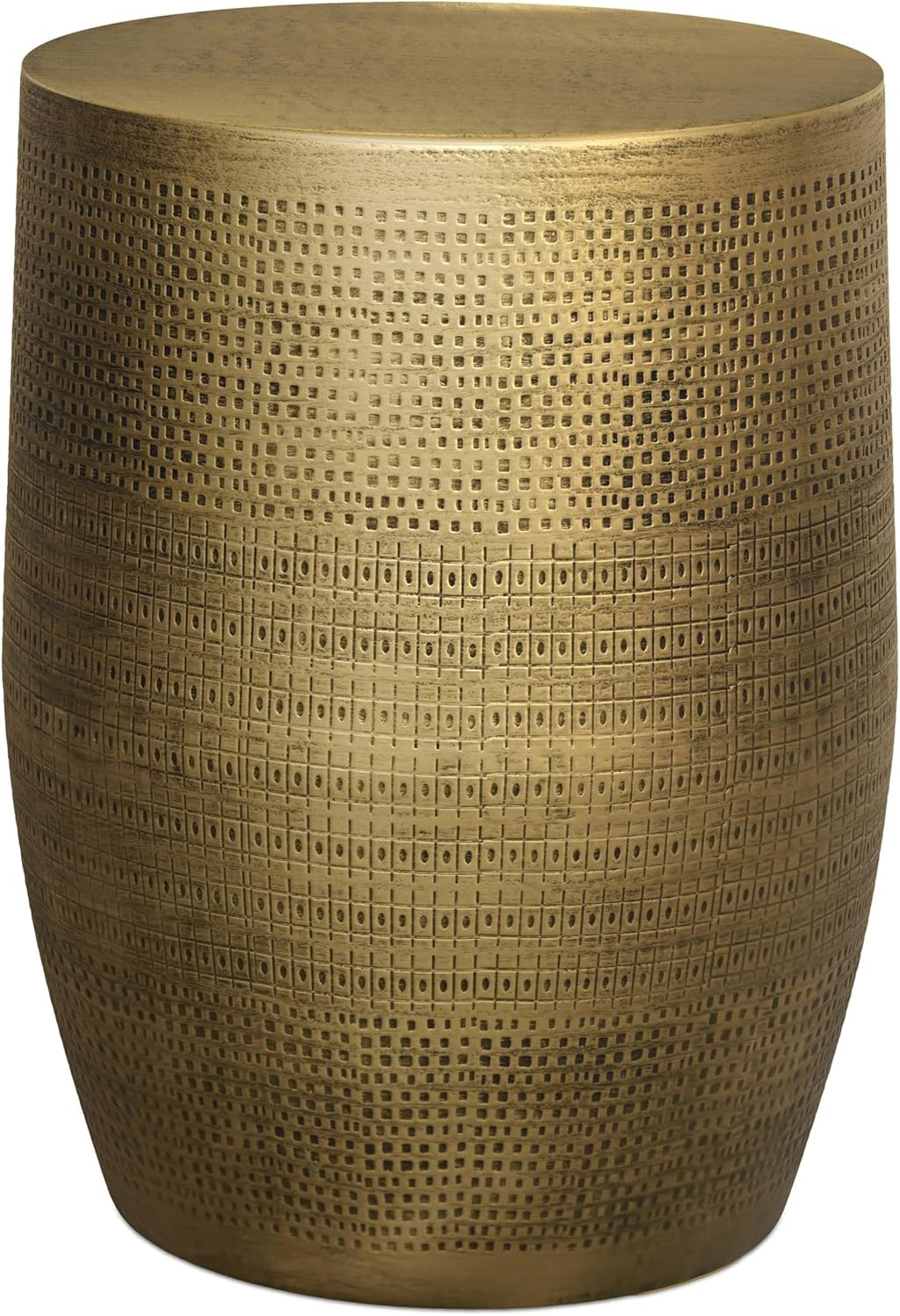 SIMPLIHOME Johnsen Metal Table - 15 inch Wide Solid Iron Round Accent Table in Antique Brass, Boho Side or End Table for Living Room, Bedroom, or Office with Etched Morse Pattern, Assembled