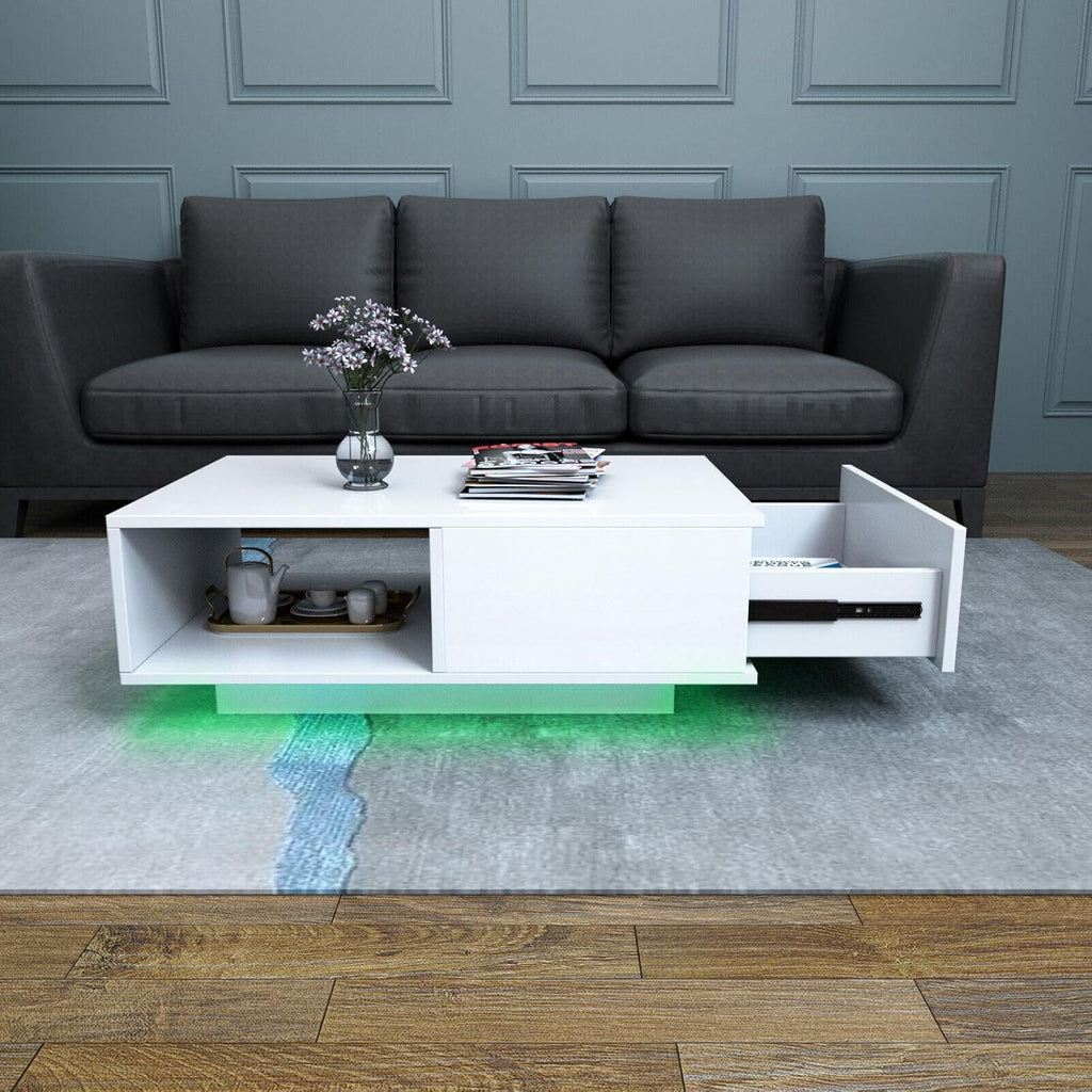 COSVALVE Modern White LED Coffee Tables for Living Room with Drawer & 16-Color LED Lights, Rectangle Living Room Sofa Table with Ample Storage Space(23.6' D x 43.3' W x 15.7' H)