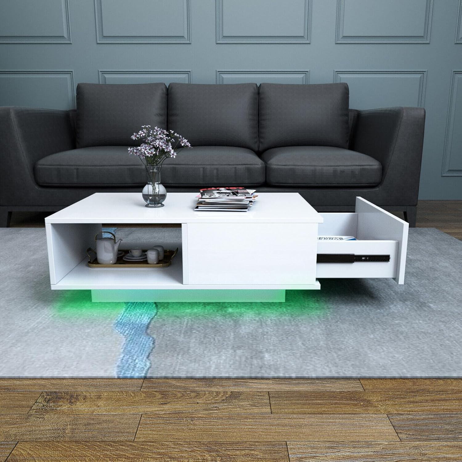 COSVALVE Modern White LED Coffee Tables for Living Room with Drawer & 16-Color LED Lights, Rectangle Living Room Sofa Table with Ample Storage Space(23.6' D x 43.3' W x 15.7' H)