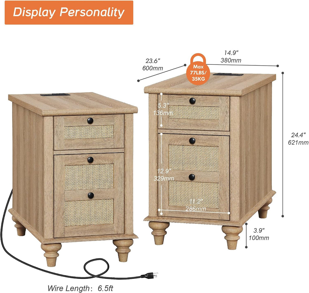 WAMPAT 2 Pack End Table with Charging Station, Wood Side Sofa Table with Drawer and Storage Cabinet, Rattan Weaving Nightstand with Power Outlets & USB Ports for Living Room, Bedroom, Oak