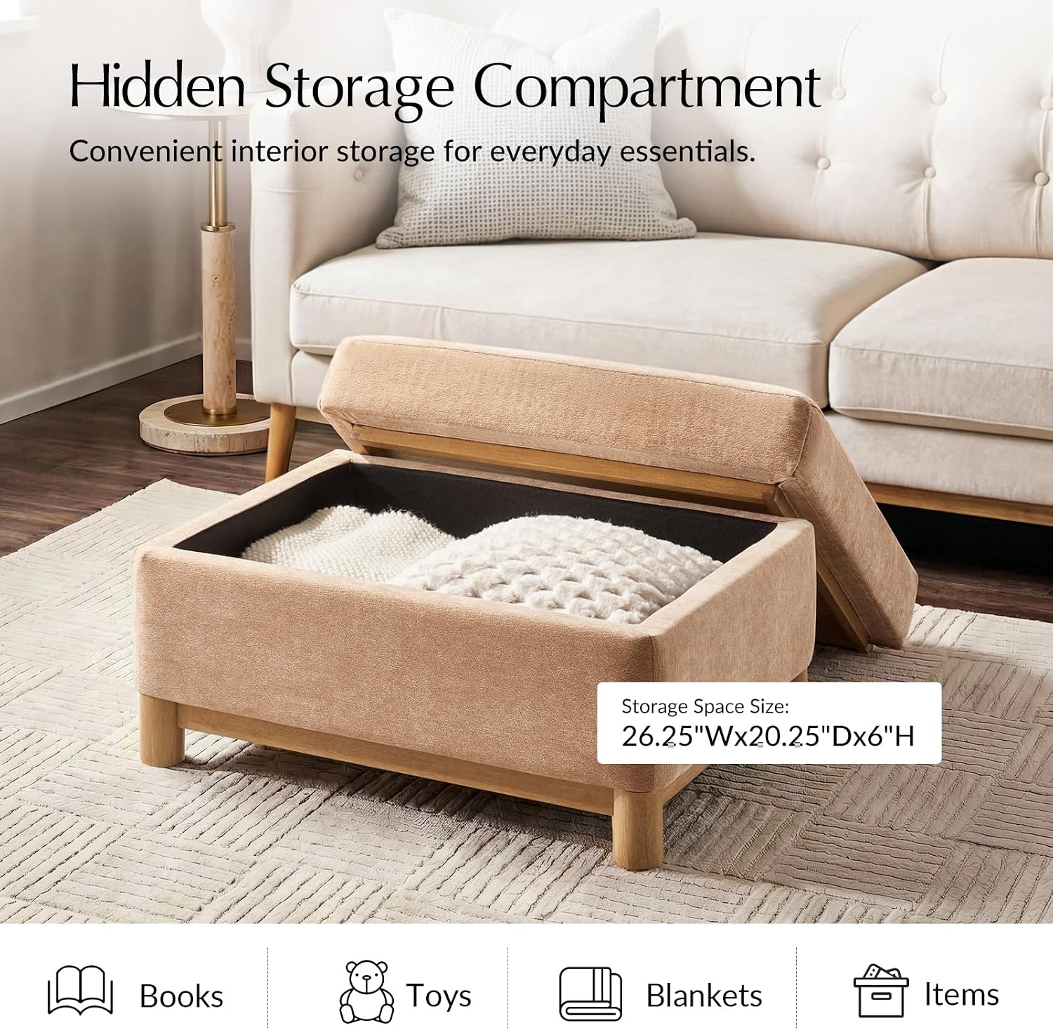 HULALA HOME 30.25' Ottoman Coffee Table with Reversible Tray Lid, Modern Upholstered Storage Ottoman with Solid Wood Base, Removable Top, Footrest and Extra Seating for Bedroom or Living Room, Camel