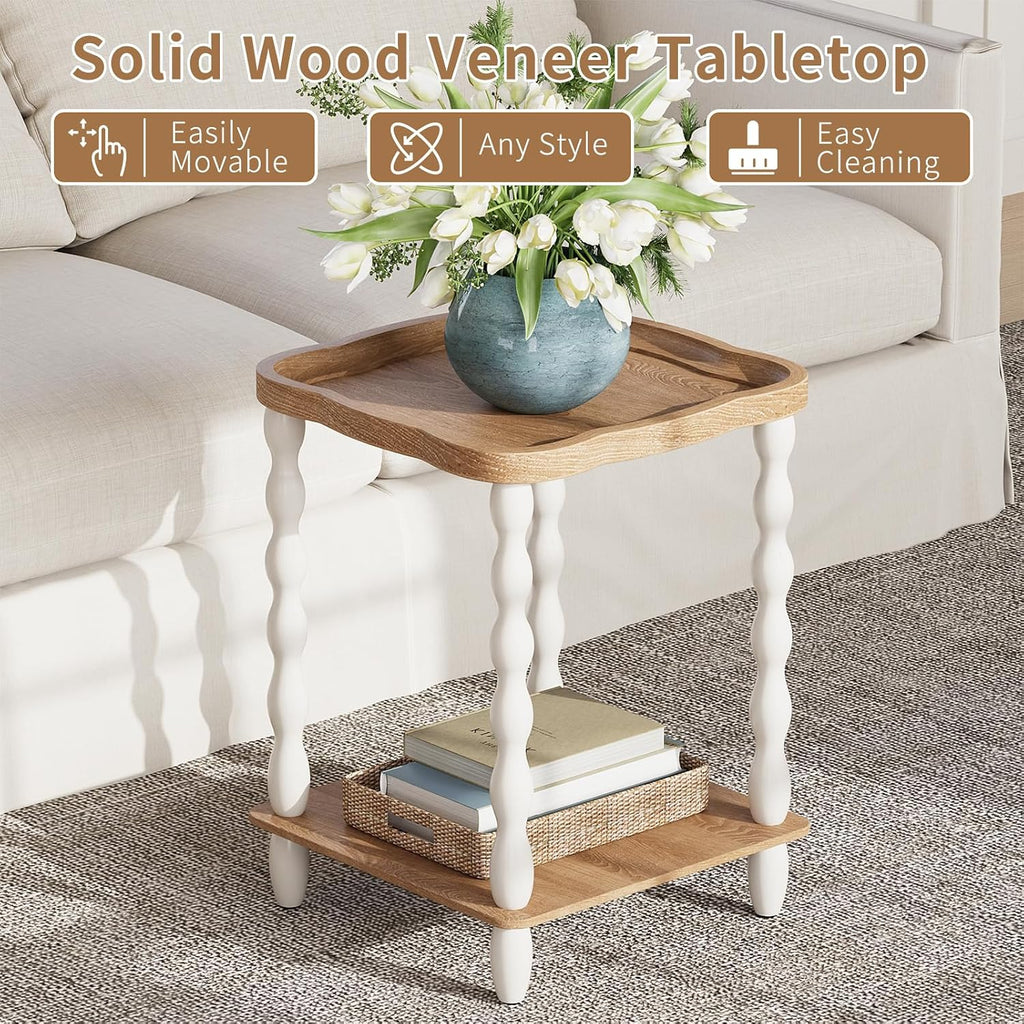 karlott End Table, 2-Tier Farmhouse Side Table, 18.9'' Handcrafted Weathered Wooden Nightstand, Pine Leg, Square Arc Small End Tables for Living Room, Small Space, Bedroom, Boho, Easy Assembly, Beige