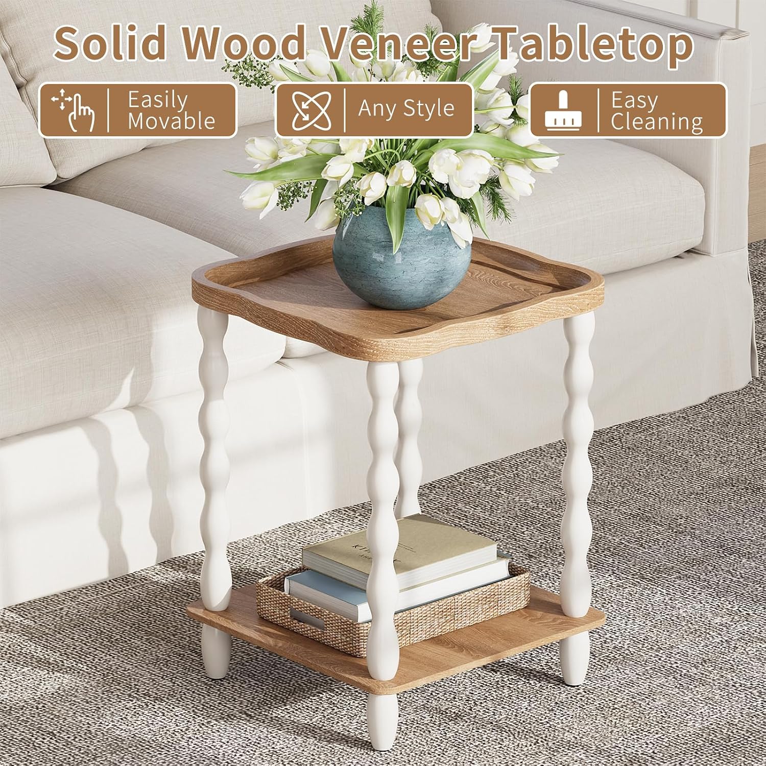 karlott End Table, 2-Tier Farmhouse Side Table, 18.9'' Handcrafted Weathered Wooden Nightstand, Pine Leg, Square Arc Small End Tables for Living Room, Small Space, Bedroom, Boho, Easy Assembly, Beige