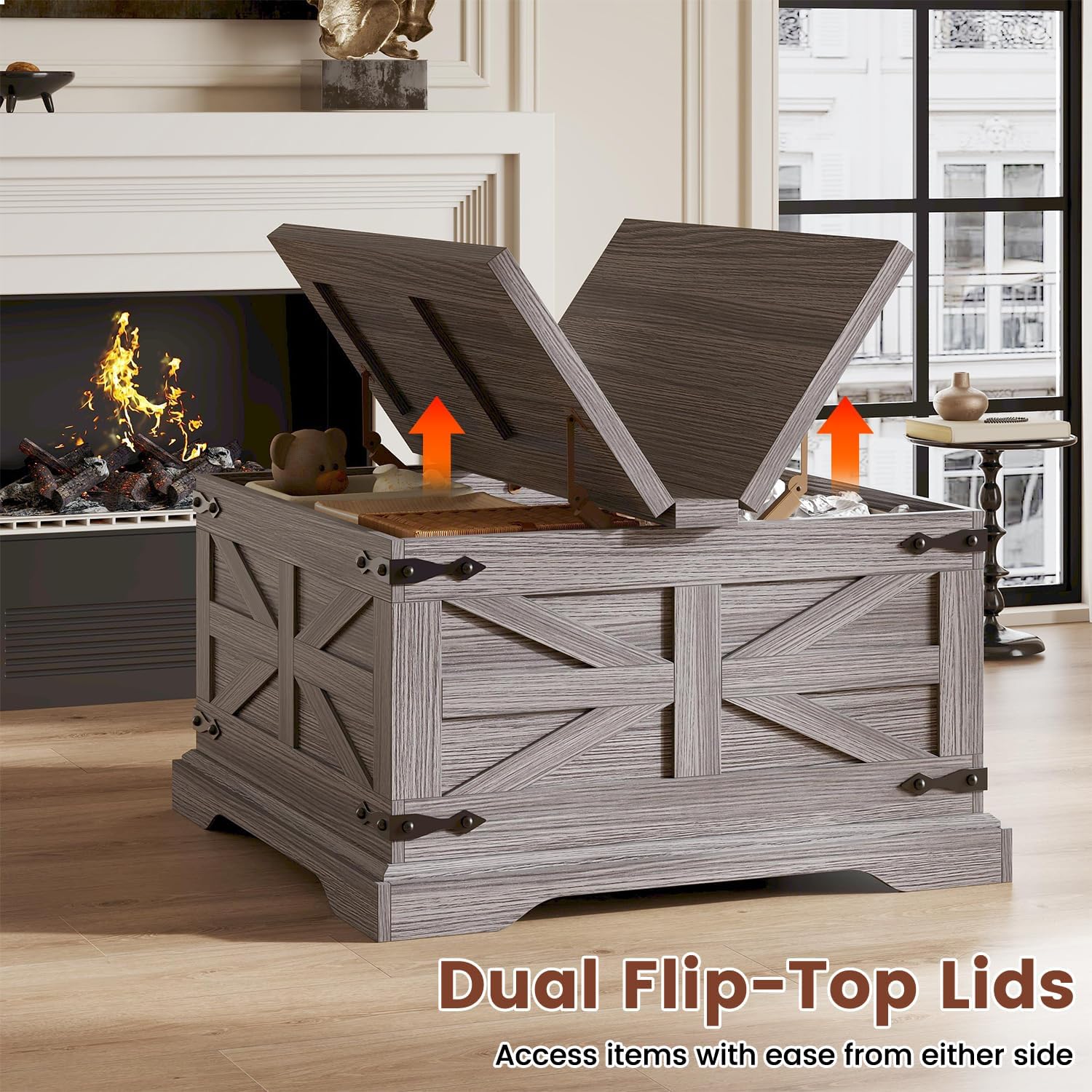 VVFLU Farmhouse Coffee Table with Storage, Square Center Table for Living Room, Rustic, Hinged Lift Top Soft Close, Wood, Large Hidden Storage, Modern, Metal Corner, Grey