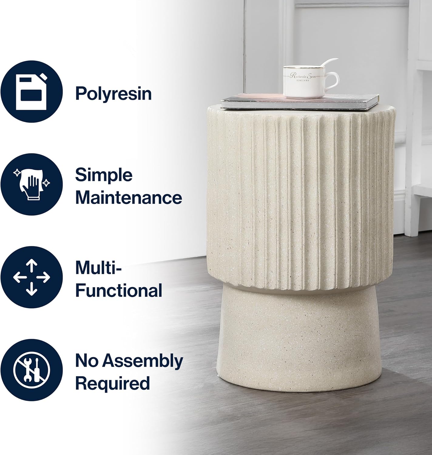 JONATHAN Y TBL1102B Louisa 19' Modern Art Deco Tambour Indoor/Outdoor Accent Table Art Deco, Minimalist, Contemporary, Bohemian, Mid-Century, Patio, Garden, Bathroom,Living Room, Cream Terrazzo Finish