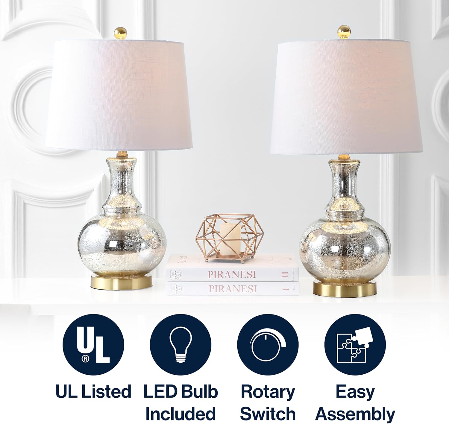 JONATHAN Y 25' Mercury Silver and Brass Gold Glass Table Lamp Set of 2 for Bedroom, Modern Bedside Lamp for Living Room Nightstand, White Linen Drum Shade, LED Bulb Included JYL1068A-SET2