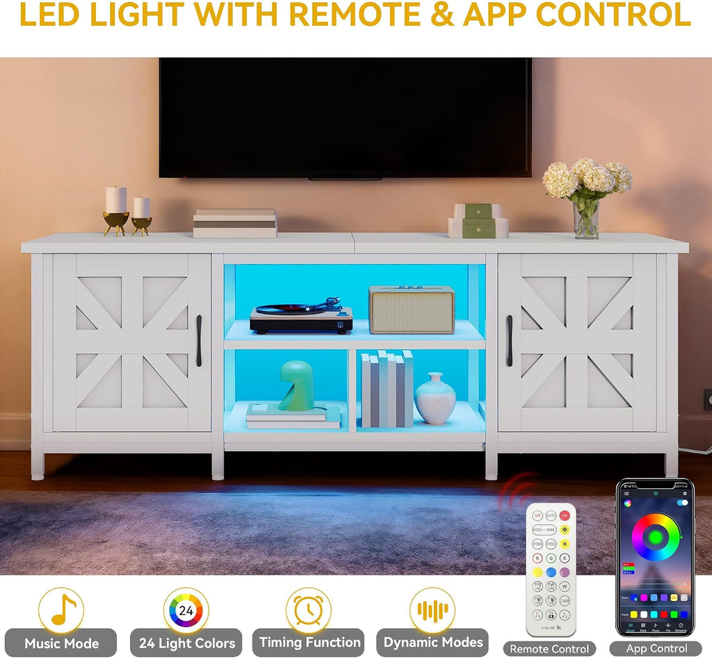 DWVO Modern Farmhouse TV Stand with LED Lights & Power Outlets for TVs up to 75 Inch, White Entertainment Center with Storage Cabinets & Adjustable Shelves, Media Console Table for Living Room