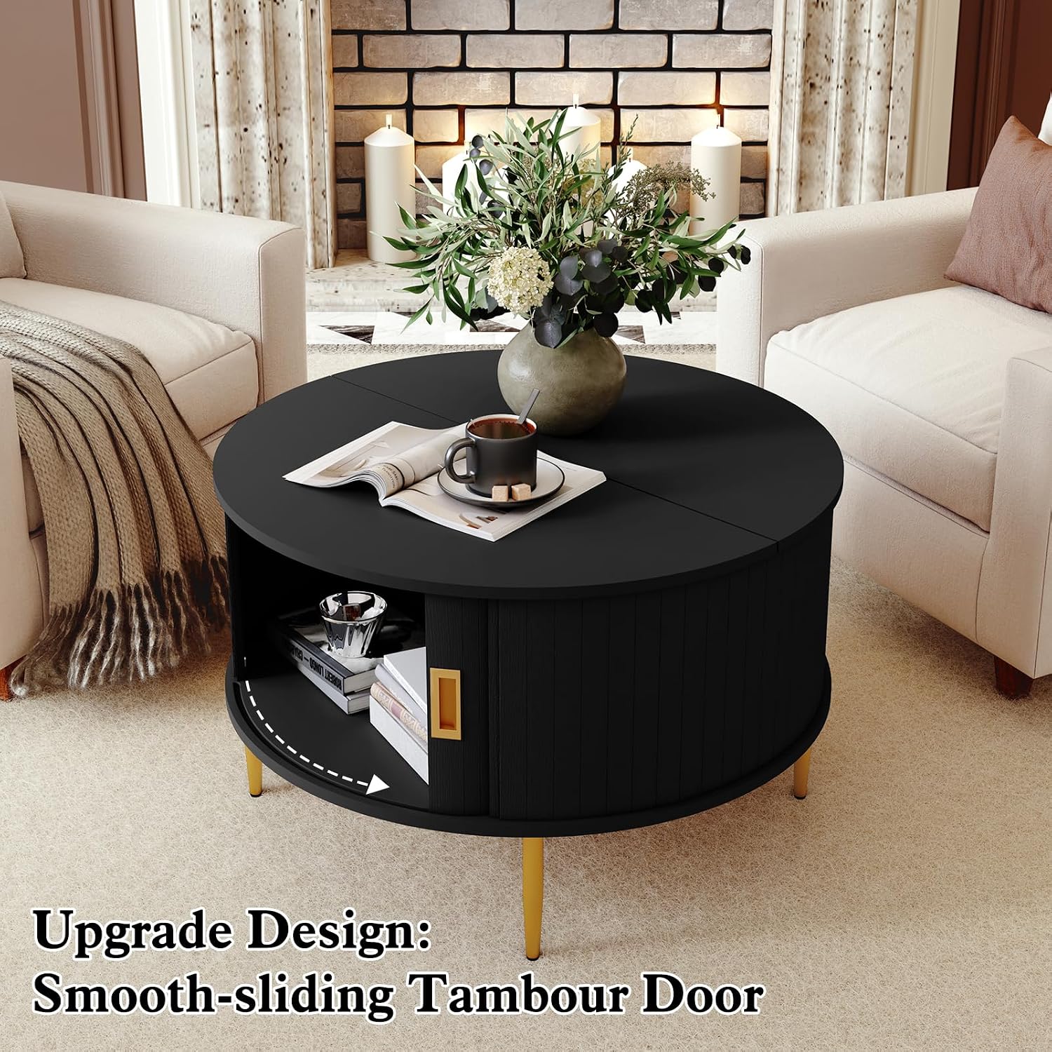 ARTPOWER 31.7' Round Coffee Table with Tambour Door, Mid Century Center Table for Living Room, Small Wood Fluted Circle Coffee Table with Storage, Black