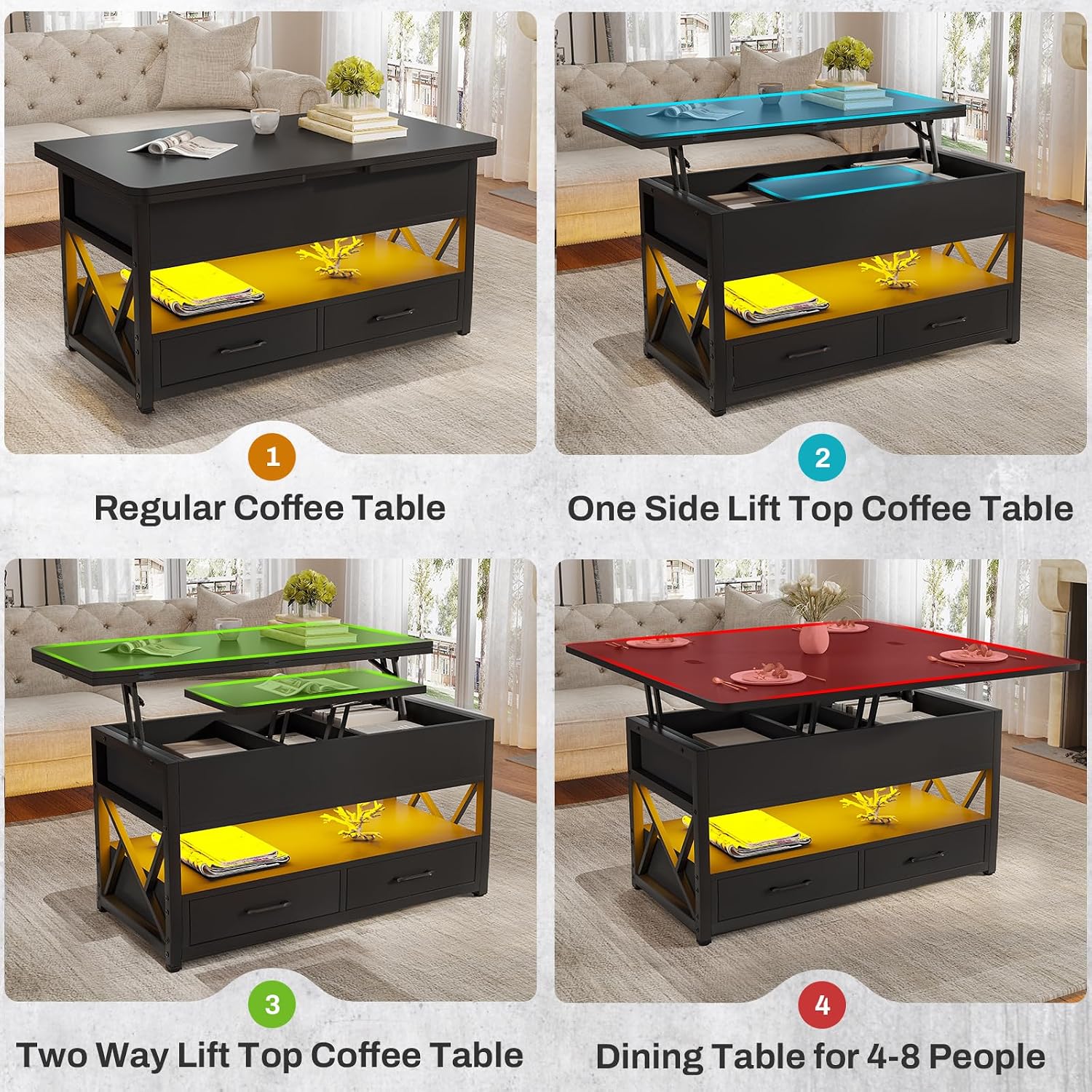Itaar 40' Lift Top Coffee Table, 4 in 1 Coffee Tables with Storage for Living Room, Small Farmhouse Coffee Table with 2 Drawers & LED Light for Dining Reception Room, Black