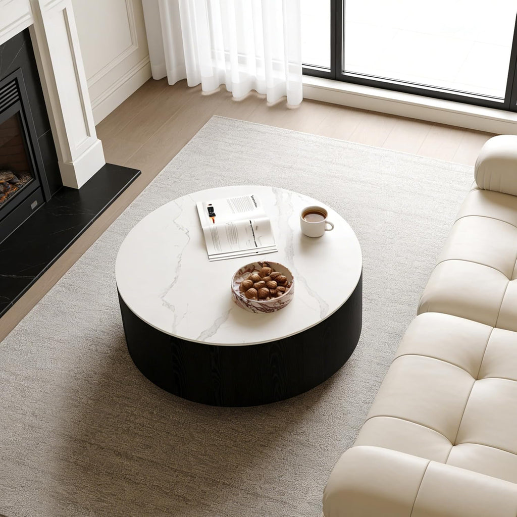 Round Coffee Table with Storage,Modern Sintered Stone & Solid Wood Center Table,Black and White Coffee Tables for Living Room,Apartment【Black,31.5'】