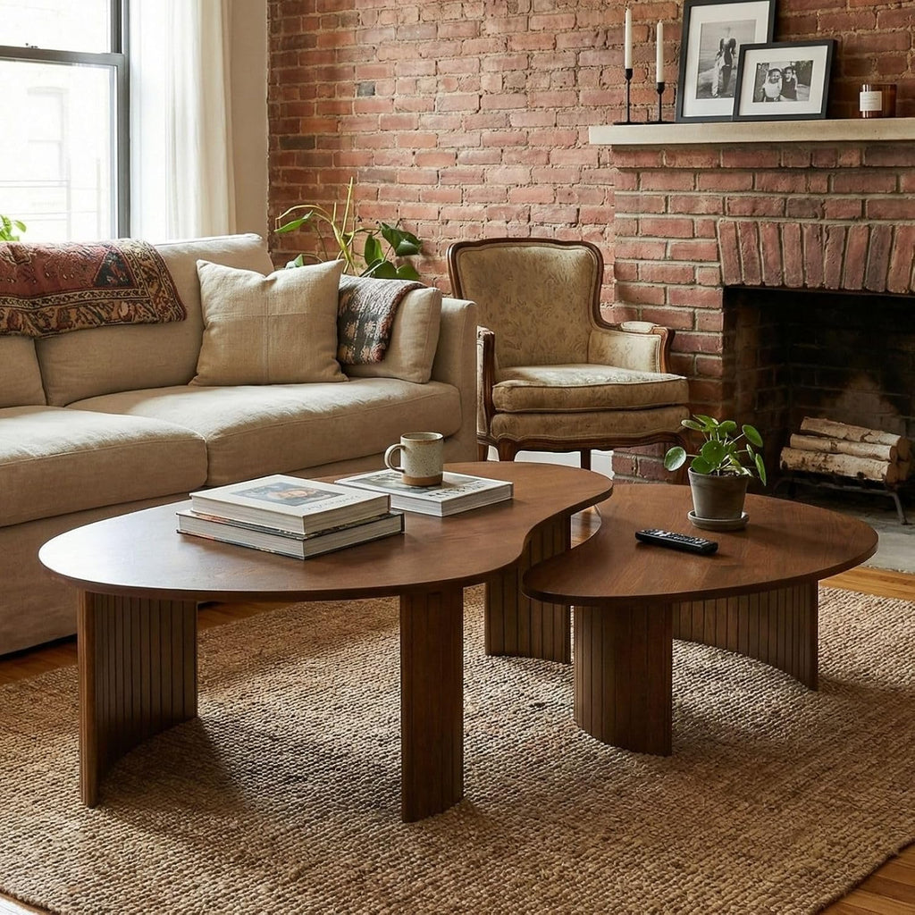 Hyfirm Walnut Nesting Coffee Tables Set of 2, Mid Century Modern Center Table with Fluted Wooden Legs and Oval Mango Shape for Living Room, Small Apartment