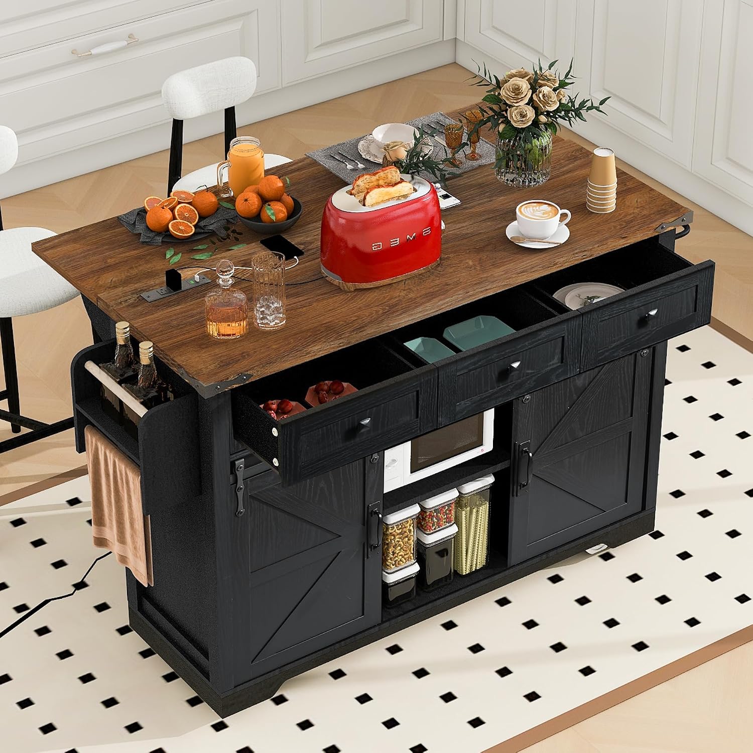 53.7' Farmhouse Kitchen Island with Power Outlet and Sliding Barn Doors, Rustic Kitchen Storage Islands with Drop Leaf, Rolling Kitchen Cart with Drawers and Spice Rack for Dining Room