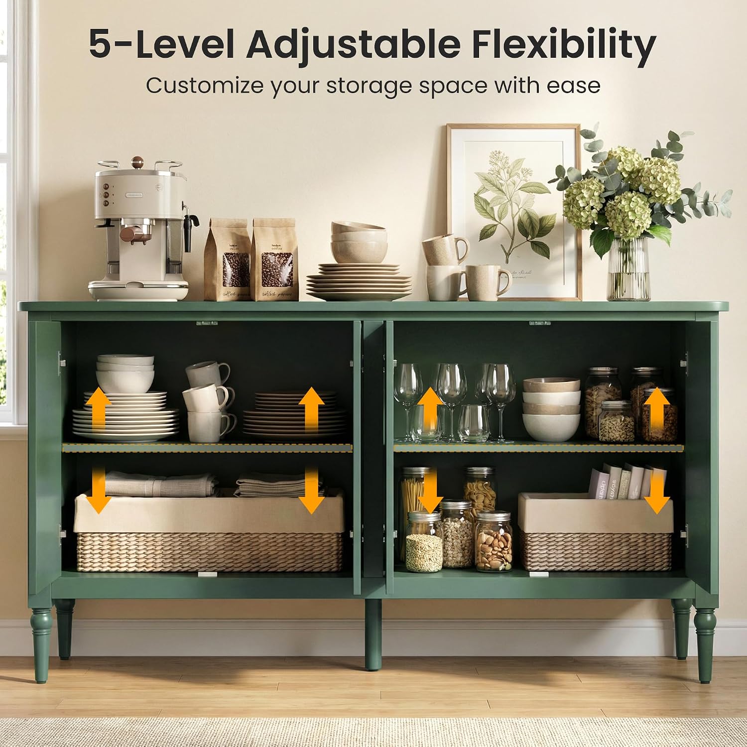 RoyalCraft Buffet Cabinet with Storage, 59' Vintage Sideboard with Adjustable Shelves, Mid Century Modern Painted Credenza Coffee Bar for Kitchen, Dining Room, Entryway, Living Room, Forest Green