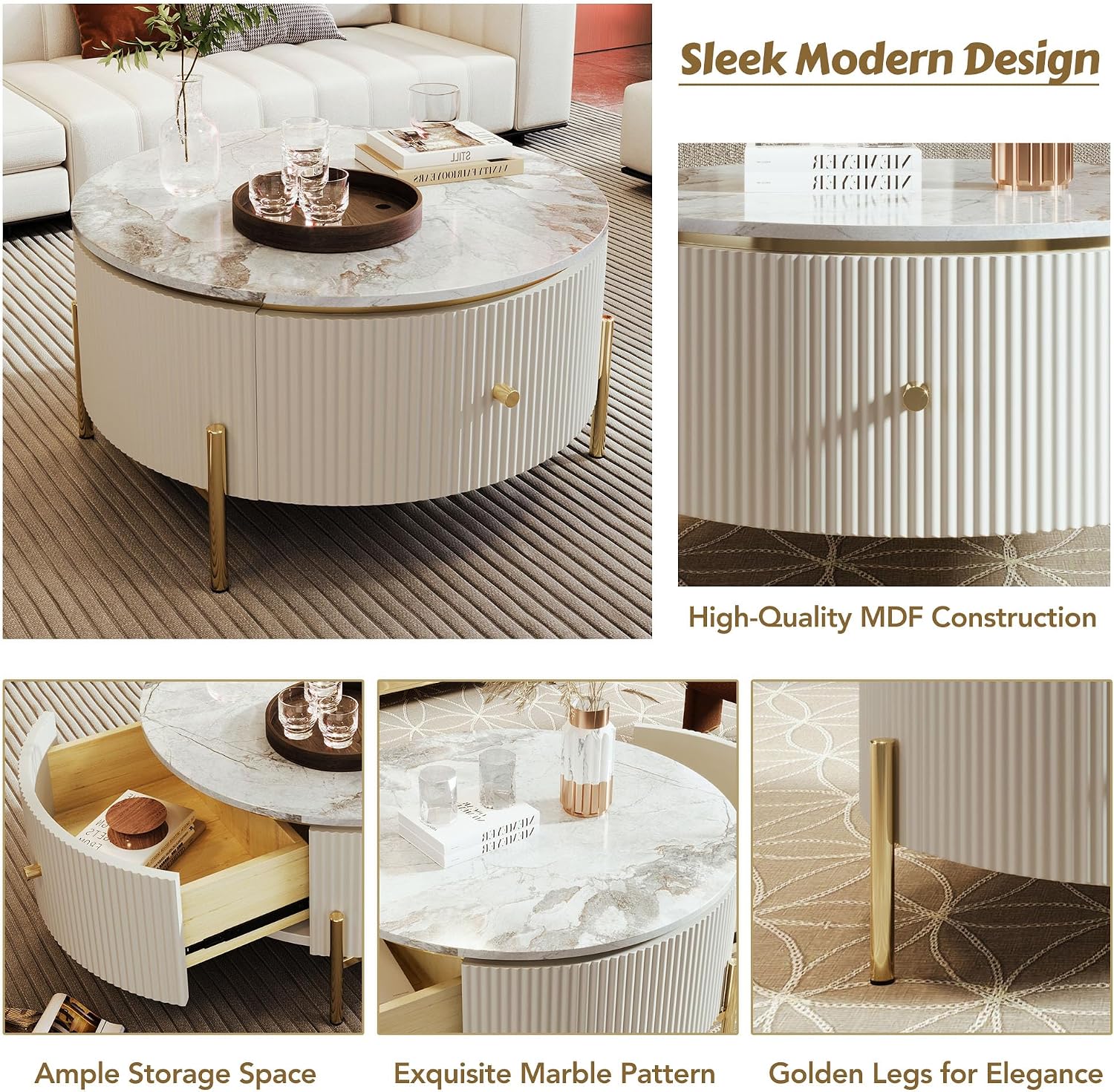 Merax 31.5'' Round Wood Coffee Table, with 2 Large Drawers Storage, Modern Marble Top, with Gold Metal Legs Center Tables for Living Room Apartment, Off White