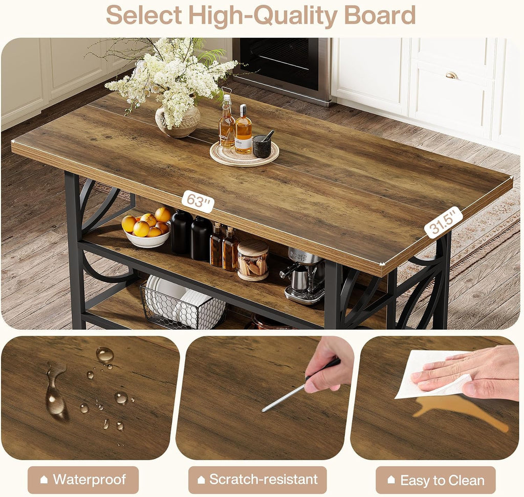 Tribesigns 62.99-Inch Kitchen Island with Storage, Kitchen Island Table with 2 Shelves and Large Worktop, Industrial Bar Table, Easy to Assemble, Rustic Brown (Stools Not Included)
