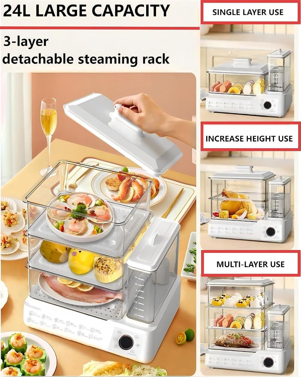 24L Electric Steamer, 800W 3-Layer Food Steamer with Detachable Water Tank, 24-Hour Timer & Auto Keep Warm, Digital Touch Panel for Family & Gatherings