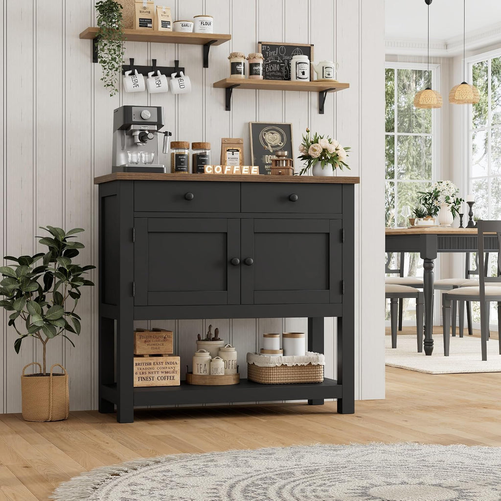 HOSTACK Farmhouse Console Table with 2-Door Cabinet & 2 Drawers, Coffee Bar, Entryway Table with Storage Shelf, Sofa Tables Buffet Sideboard for Kitchen, Hallway, Dining, Living Room, Black
