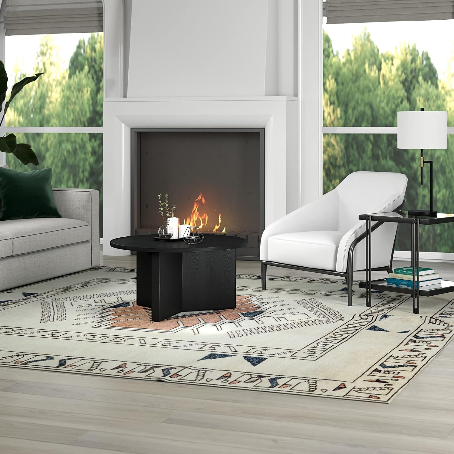 Henn&Hart 32' Round Wood Pedestal Coffee Table for Living Room, Family Room, Office, or Apartment, Natural Black