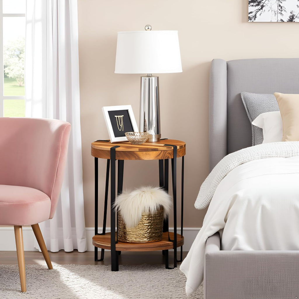 Ryegate 2-Tier Round Acacia Wood & Metal End Table with Bottom Shelf – Rustic Modern Accent Table with Live Edge, Natural Finish and Metal Straps for Living Room or Bedroom by Alaterre Furniture
