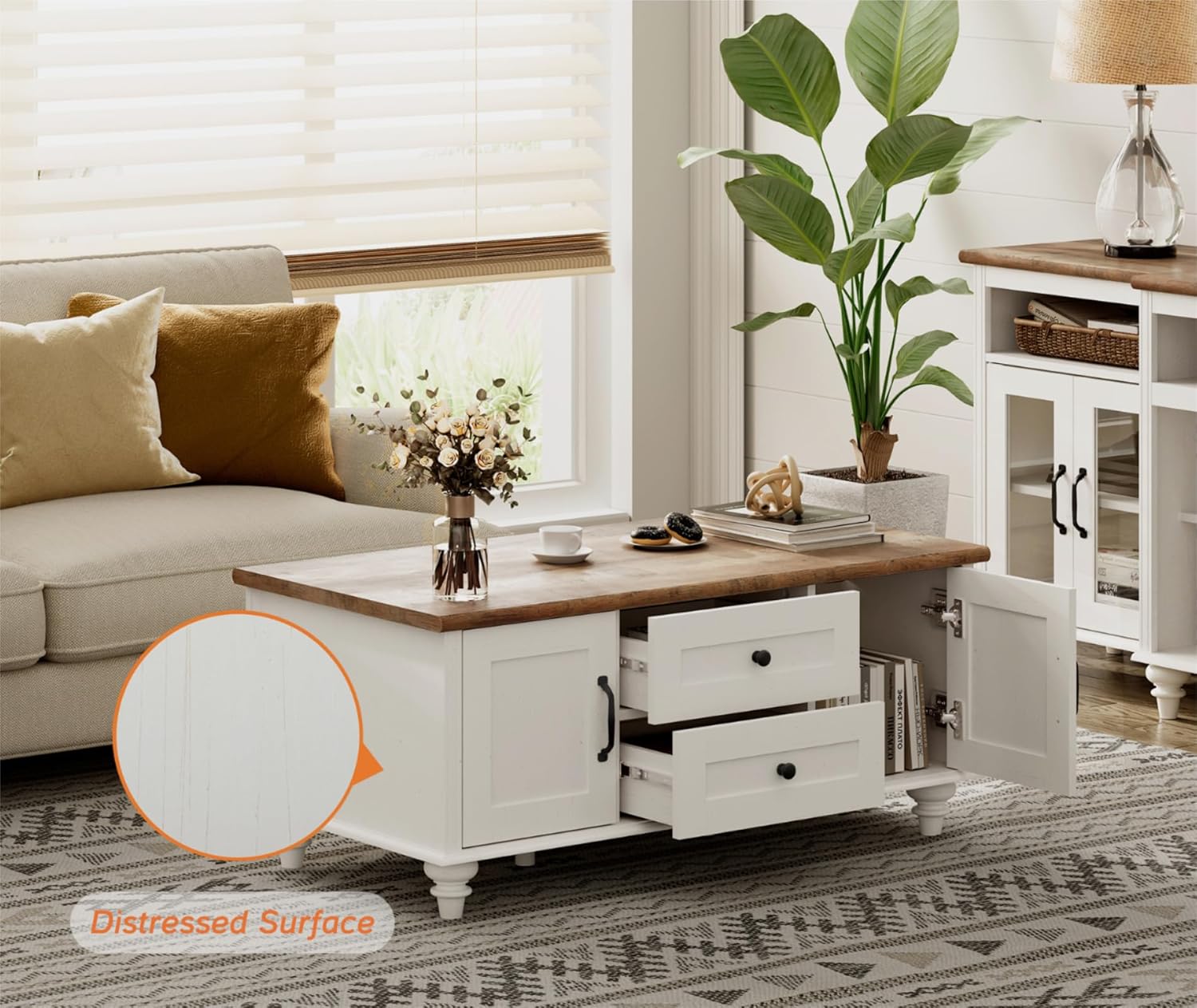 WAMPAT White Coffee Table with Drawers & Storage Cabinet, Modern Rectangle Center Table for Living Room, Rustic Wooden Cocktail Table Tea Table for Home, Office