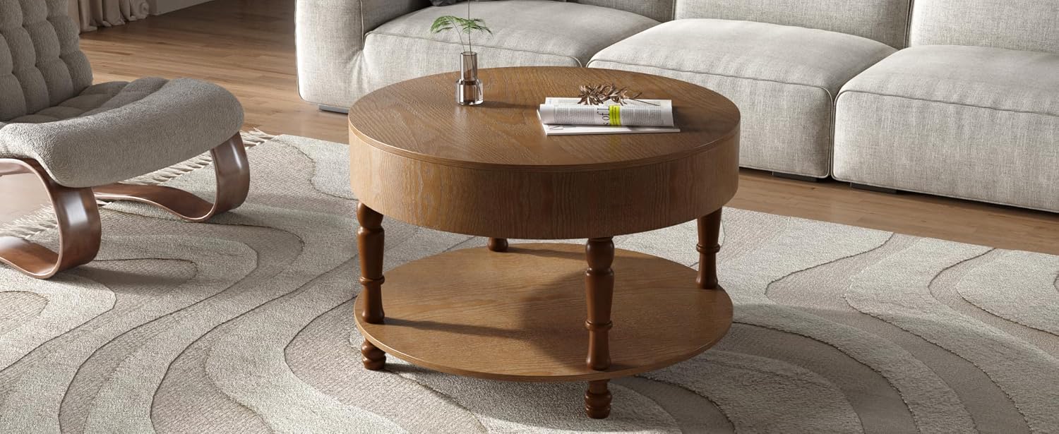 Hayzz Round Coffee Table with Storage 31.5 Inch, Modern Lift Top Accent Coffee Table with Hidden Compartment & Lower Shelf, Adjustable Leveling Feet, Easy Assembly for Living Room, Walnut Brown