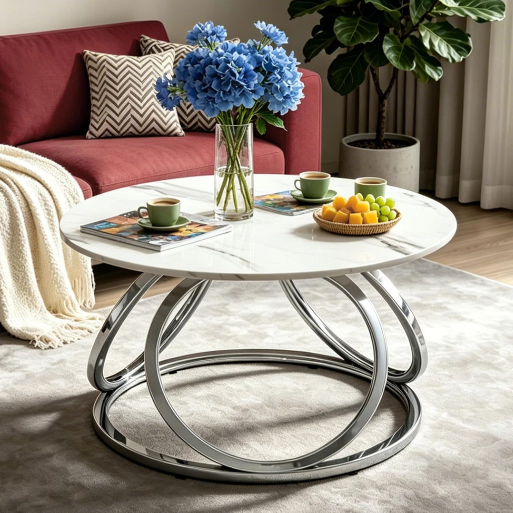 O&K FURNITURE Silver Coffee Table, Round Coffee Table Faux Marble Veins, Modern Center Table with Chrome Finish, for Living Room, Home Office, 1 PC