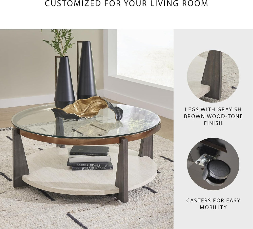 Signature Design by Ashley Frazwa Round Glasstop Coffee Table, Gray/Brown/Gold