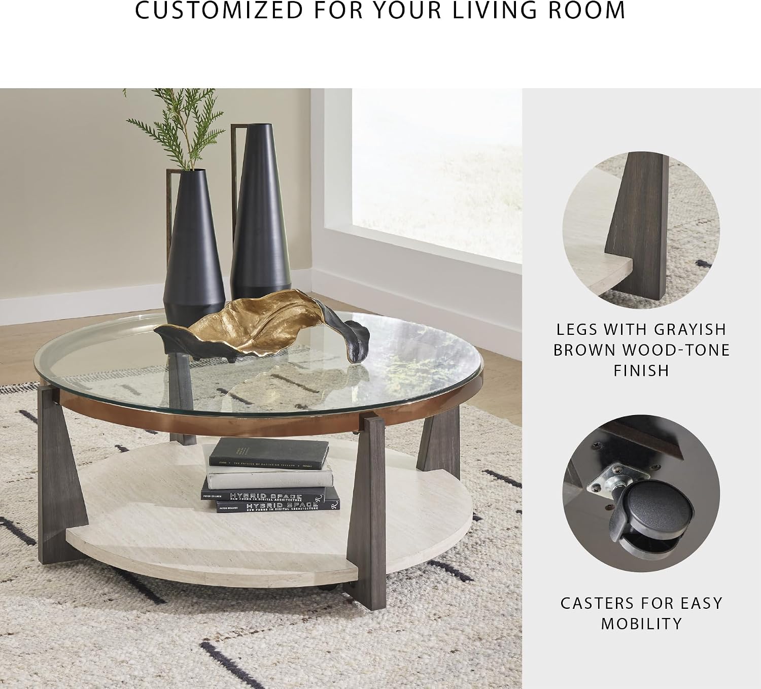Signature Design by Ashley Frazwa Round Glasstop Coffee Table, Gray/Brown/Gold
