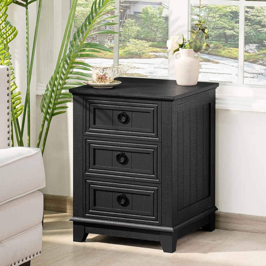 Joaxswe 18' Farmhouse Night Stand with 3 Drawers, Wood End Table Dresser for Bedroom, Black Nightstand, Bed Side Table with Metal Handle, Bedside Cabinet for Bedroom Living Room, Closet
