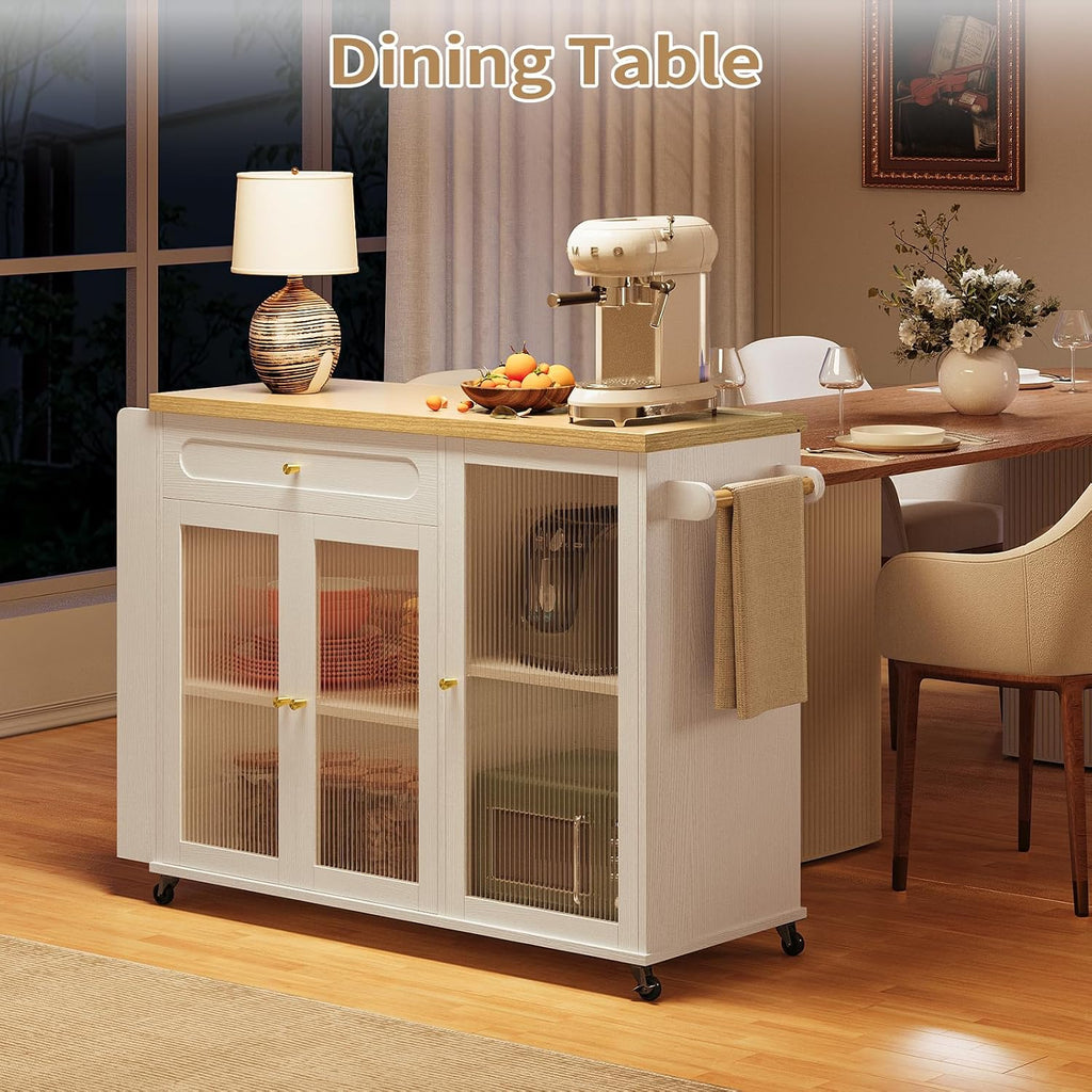 Kitchen Island with Power Outlet - Kitchen Cart on Wheels with Storage Cabinets & Drawers, Rolling Island Table with Spice & Towel Rack, Portable Islands with Large Wood Counter, Dinning Room