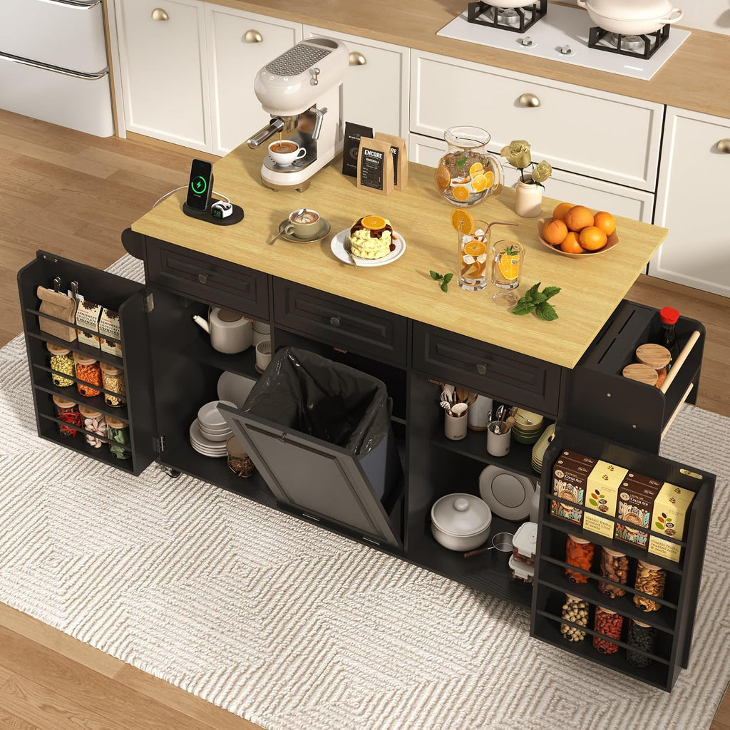 St.Mandyu 63 inch Rolling Kitchen Island with Power Outlet, Drop Leaf & Storage Cabinet - Mobile Cart with Hidden Trash Cabinet, Spice Rack, Shelves, and Towel Holder for Small Spaces,Black
