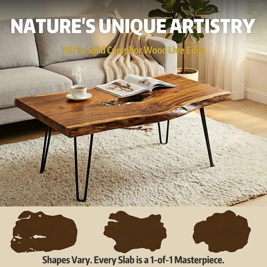 Live Edge Coffee Table, Large Natural Wood Coffee Table for Living Room, Unique Wooden Table with Easy Assembly & Solid Wood Construction