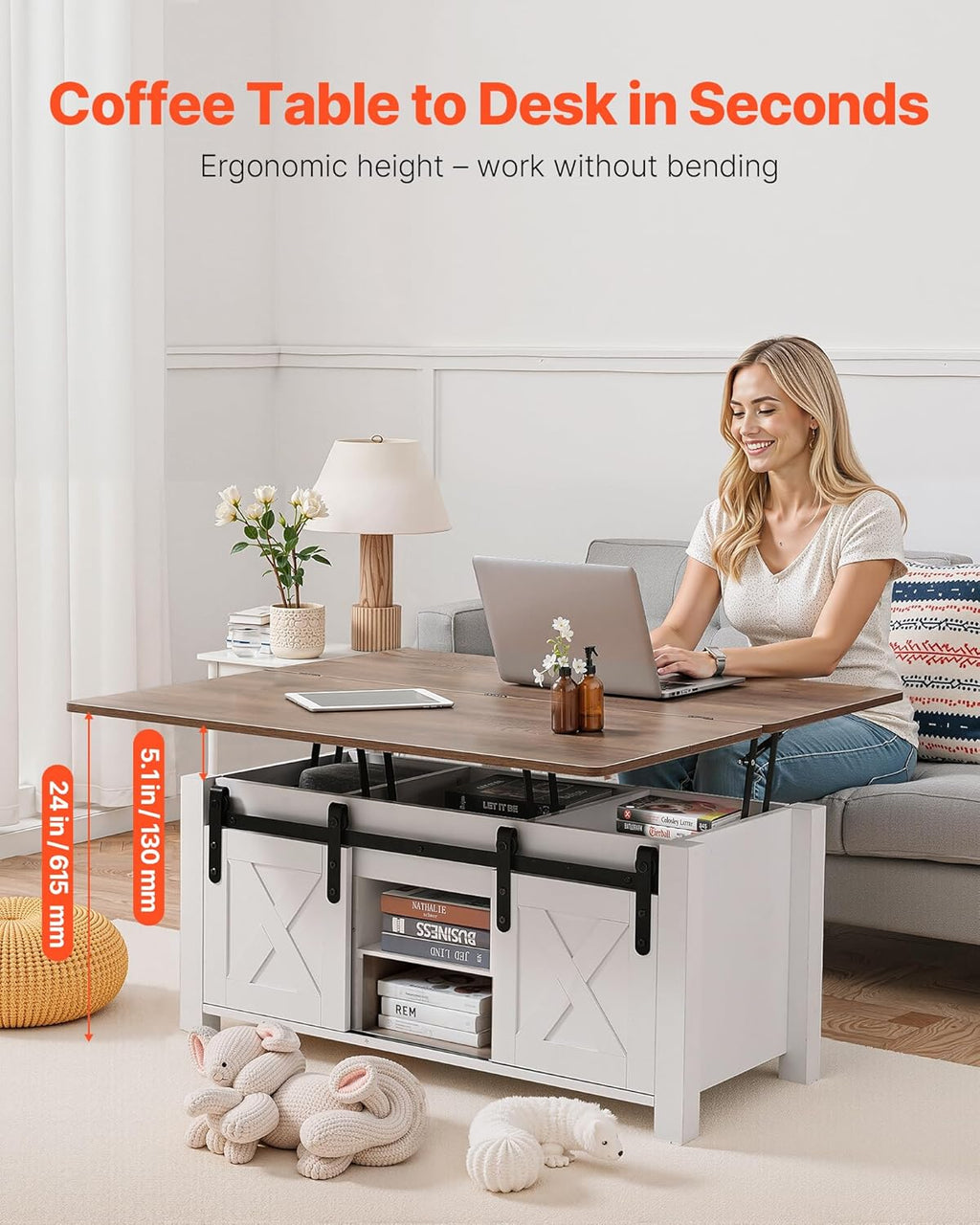 VEVOR 39.4 in Farmhouse Lift Top Coffee Table, Rustic Center Table with Barn Door and Hidden Storage Compartment, Modern Rectangle Lifting Tabletop for Living Room, Office, Home, Easy Assembly, White
