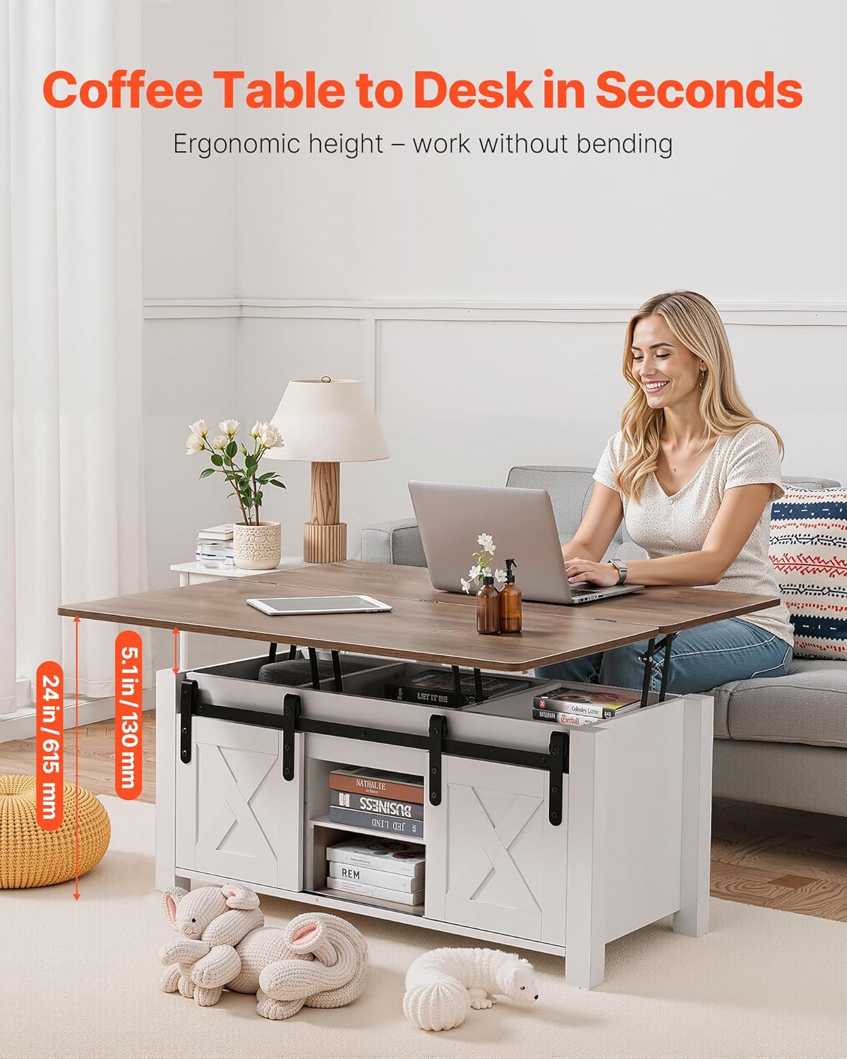 VEVOR 39.4 in Farmhouse Lift Top Coffee Table, Rustic Center Table with Barn Door and Hidden Storage Compartment, Modern Rectangle Lifting Tabletop for Living Room, Office, Home, Easy Assembly, White