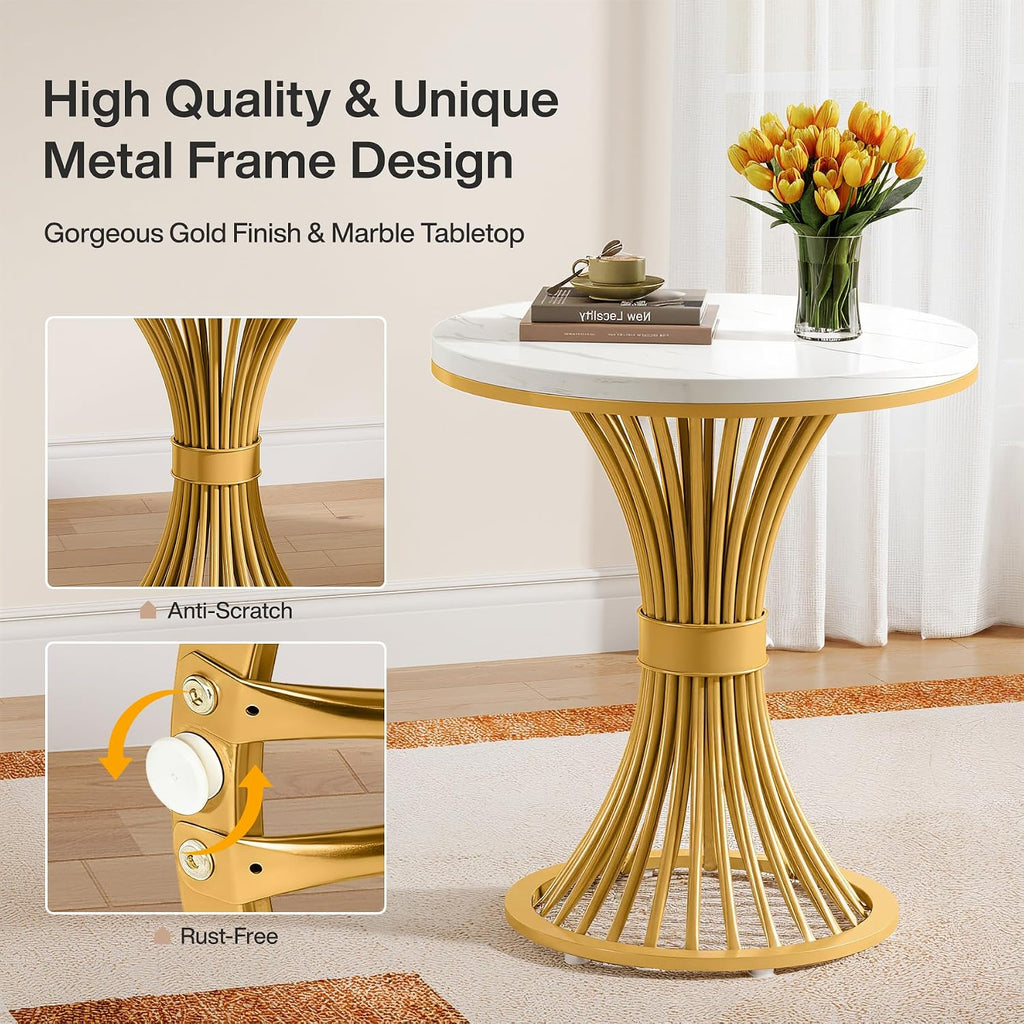 Tribesigns Round End Table, Modern Faux Marble Side Table with Gold Metal Base, Small White Gold Bedside Nightstand, Wooden Accent Table for Living Room, Bedroom, Sofa Side, White & Gold