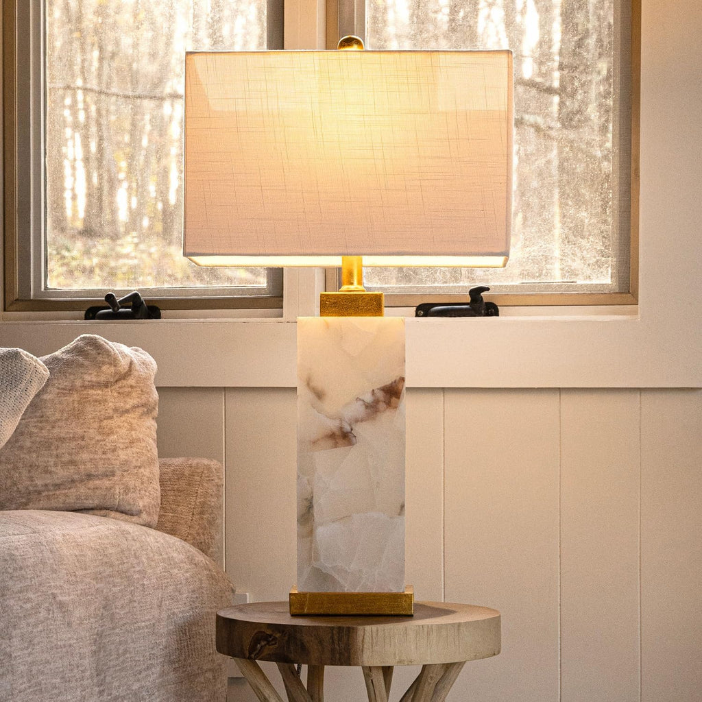 JONATHAN Y 27.5' White/Gold Modern Alabaster Rectangular Table Lamp with Night Light Contemporary Coastal Bedside Lamp for Bedroom with White Linen Shade LED Bulbs Included JYL6201A