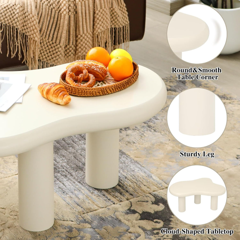 34'(L) Cloud Coffee Table, Modern Wood Coffee Table for Living Room, Accent Center Tables with 3 Legs, Small Tea Tables for Balcony, Patio, Bedroom, Cream White