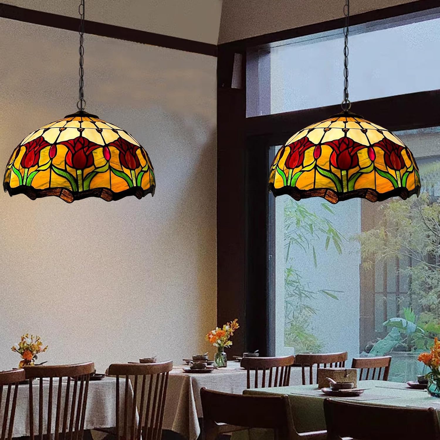 16 Inch Tulip Stained Glass Lampshades, Tiffany Replacement Lamp Shade, Only Handmade Retro Glass Shade Replacement for Table Lamp Pendant Light Floor Lamp Ceiling Fixture,Red