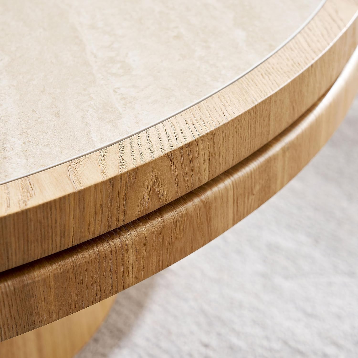 35.43' Farmhouse Round Coffee Table with Sintered Stone Tabletop, Sturdy Wood MDF Pedestal Coffee Tables for Living Room, Modern Circle Center Tea Table for Apartment, Office Bedroom Natural