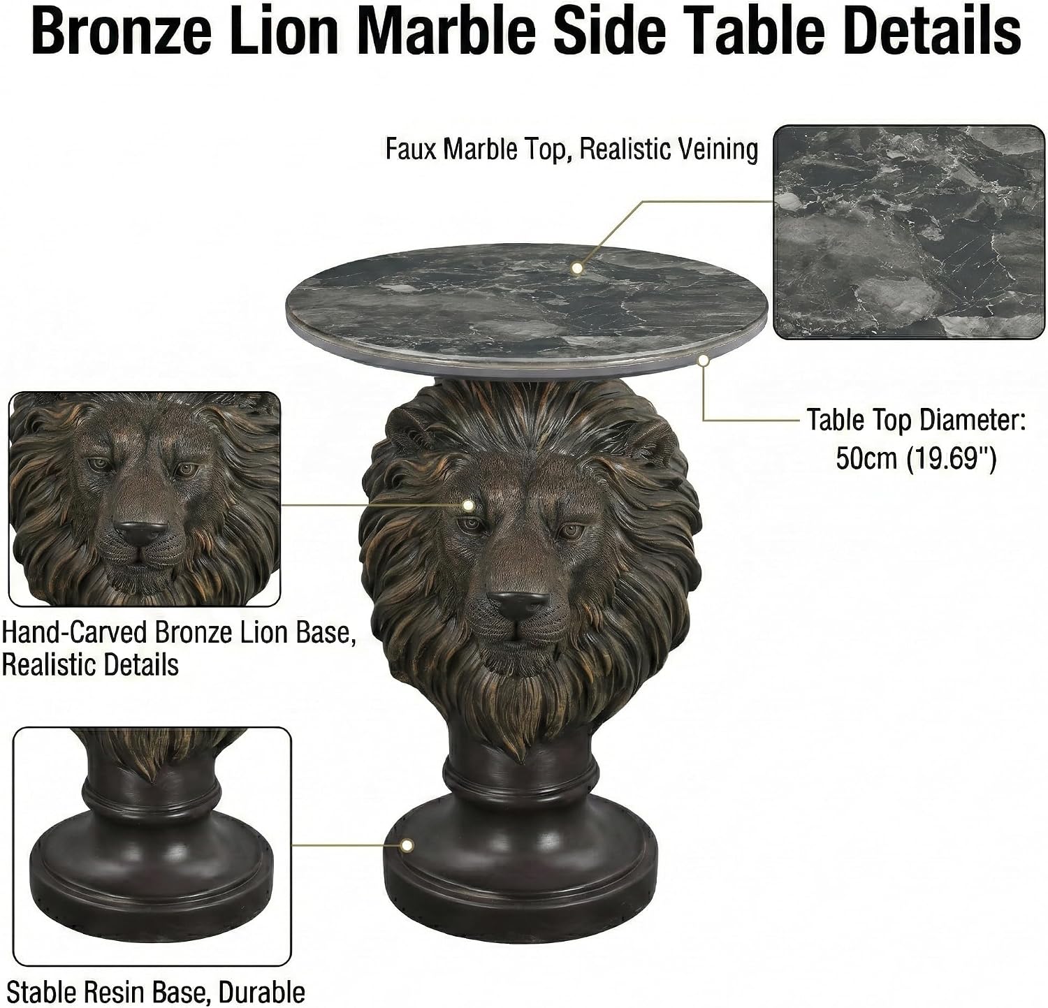Vintage Bronze Lion Head Sculptural Side Table with Black Faux Marble Top, 19.69' Round Resin End Table, 25.59' H Majestic Accent Table for Living Room, Retro Office Decor, Heavy Duty