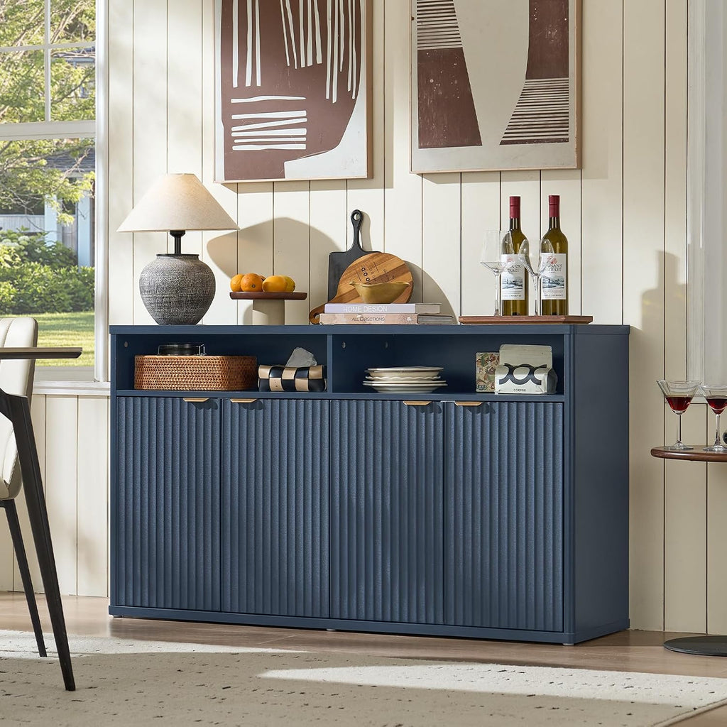 LEYAOYAO Fluted Buffet Cabinet with Storage, 55' Wide Wood Sideboard Credenza with 4 Doors & Open Storage Shelf, Modern Kitchen Console Accent Cabinets, Coffee Bar Table for Dining Room, Dark Blue