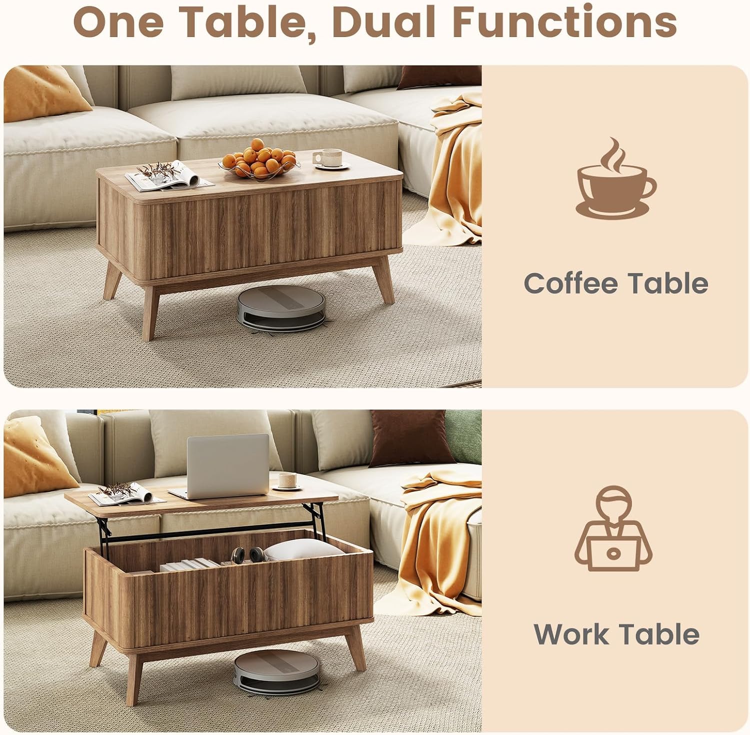 Giantex Lift Top Coffee Table with Storage, 35.5' Mid Century Modern Center Table with Solid Wood Leg & Hidden Compartment, Minimalist Fluted Living Room Table for Home Office, Oak
