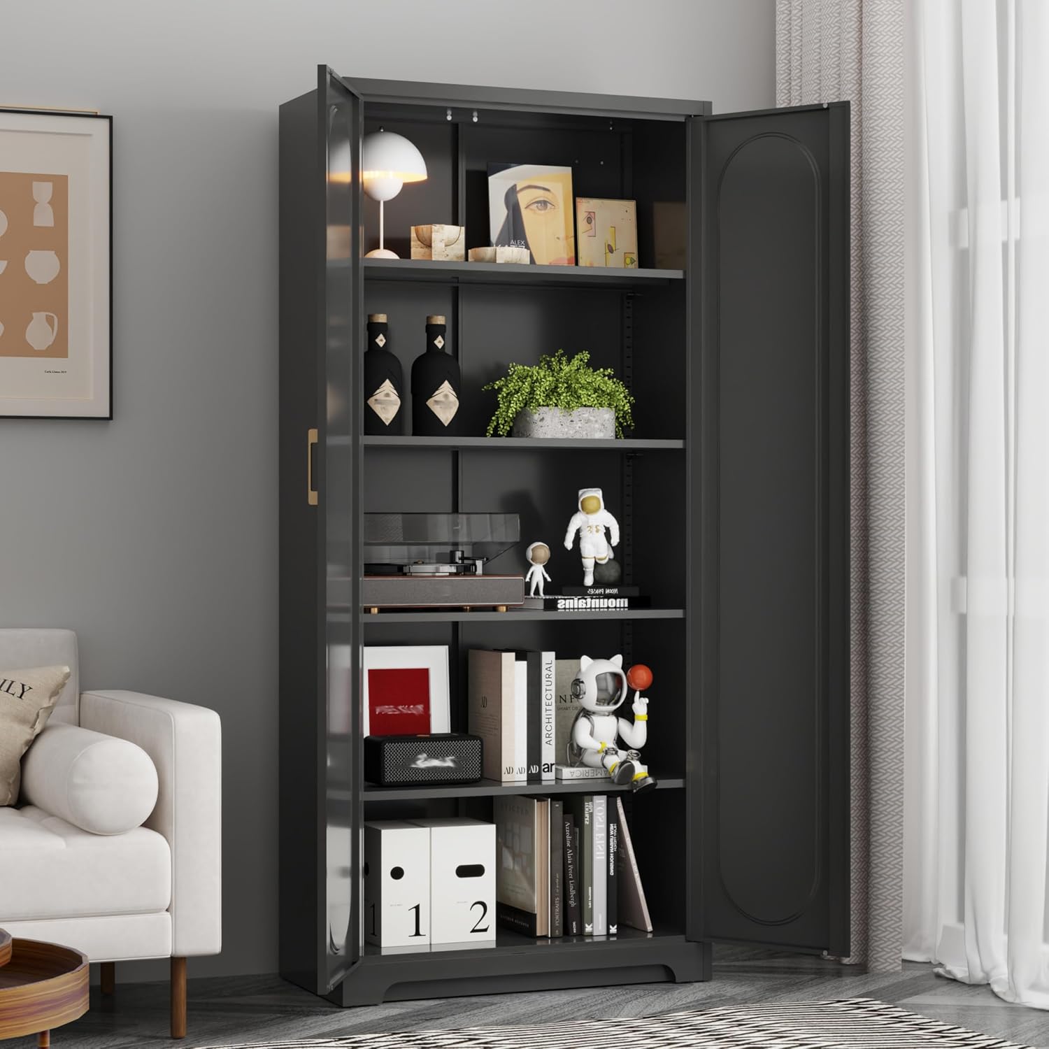 71' Tall Kitchen Pantry Cabinet and 4 Adjustable Shelves, Black Metal Storage Cabinet with Doors, 5-Tier Kitchen Storage Cabinets, Modern Large Cupboard for Home Office, Dining, Living Room